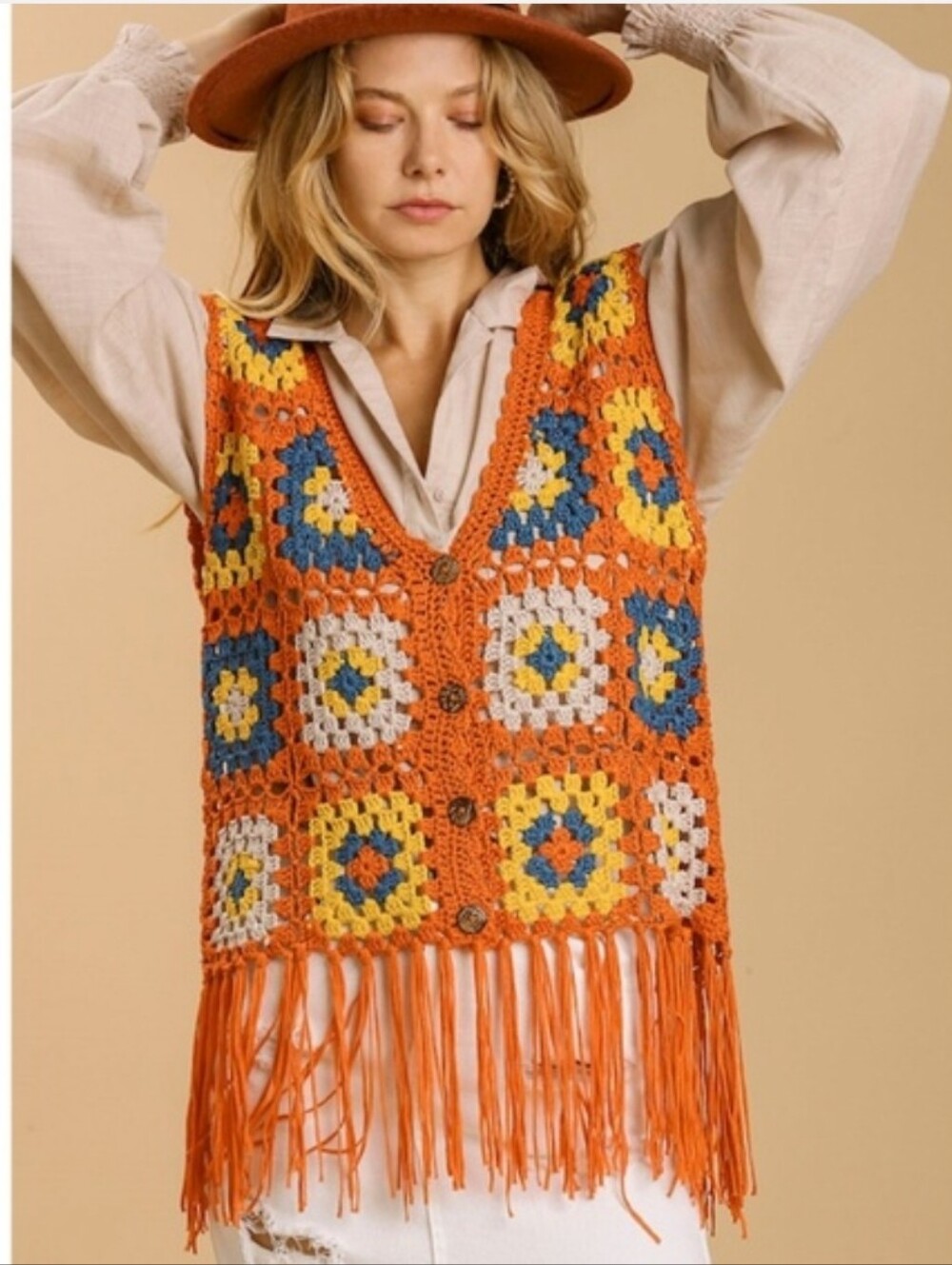 Umgee Orange Crochet Fringe Vest with Multicolor Squares L NWT - Picture 2 of 11